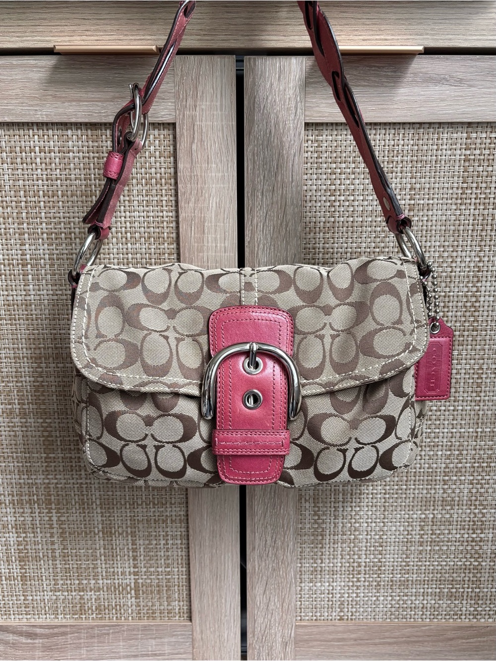COACH Y2K PINK Khaki Signature Double Pocket Soho Buckle Flap Shoulder Bag 11862